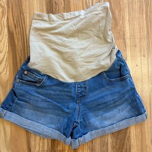 Indigo Blue Maternity Denim Shorts with Tan Accents